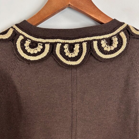 Milly of New York Cardigan Sweater Large Brown Silk Gold Crochet Embroidery Chic - Picture 10 of 15